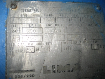 20 HP Lima Electric Motor, 900 RPM
