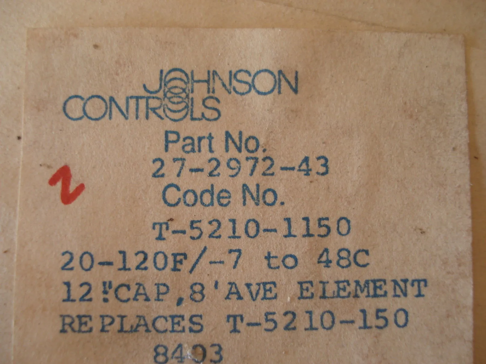 NEW JOHNSON CONTROLS T-5210-1150 TEMPERATURE CONTROL 27-2972-43 T52101150