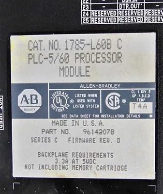 Allen Bradley 1785-L60B PLC-5/40 Processor Module Series C F/W Rev. D Used