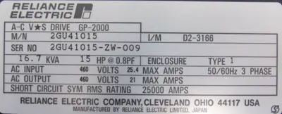 USED RELIANCE ELECTRIC 2GU41015 GP-2000 AC DRIVE 15HP 460V