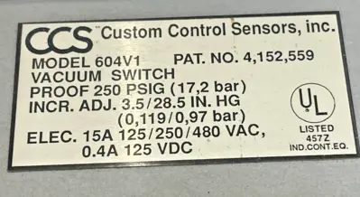 NEW CUSTOM CONTROL SENSORS 604V1 VACUUM SWITCH