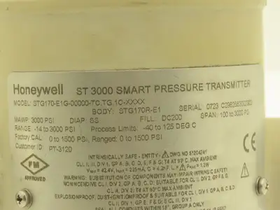 Honeywell STG170-E1G-00000-TC.TG.1C-XXXX Smart Pressure Transmitter 0-1500psi