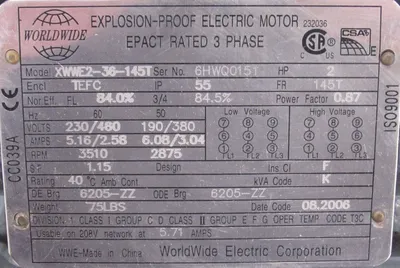 NEW WORLDWIDE ELECTRIC XWWE2-36-145T MOTOR 2HP 3510RPM 7/8" DIA. XWWE236145T