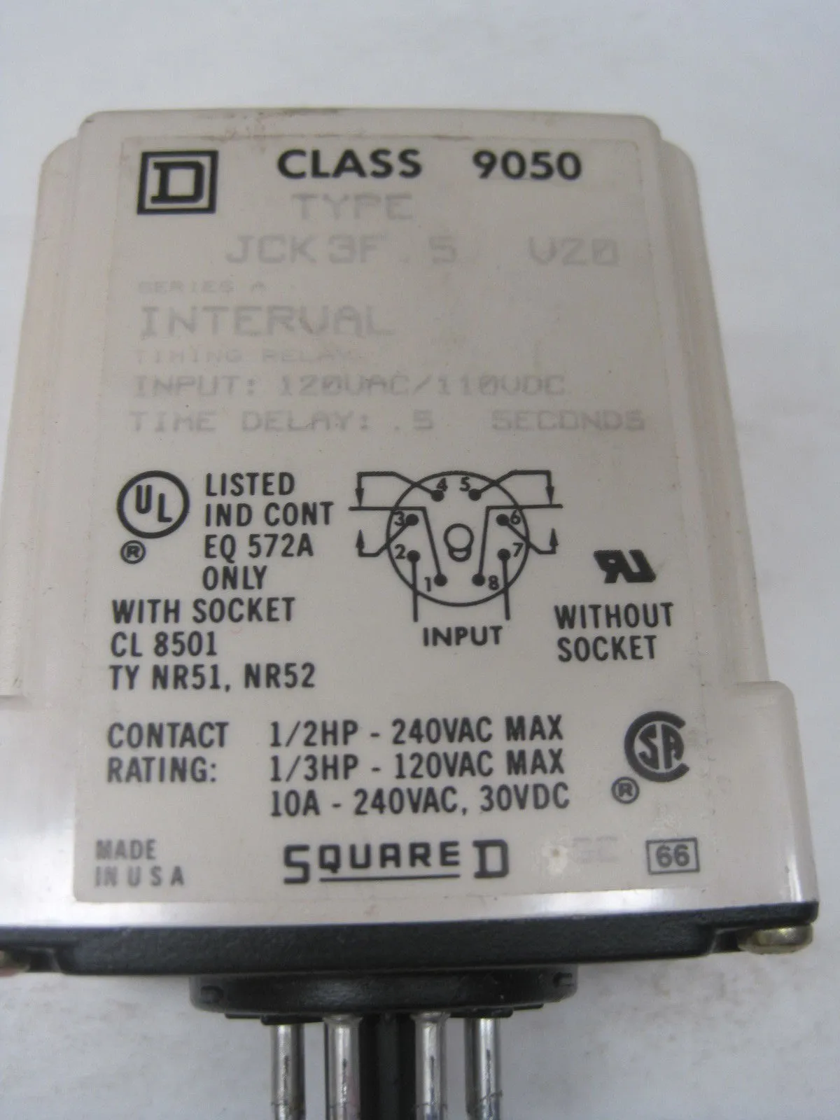 USED SQUARE D 9050-JCK3F5V20 RELAY 9050JCK3F5V20