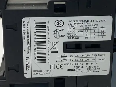 3RT2016-1HB42 | Siemens  Power Contactor 3-Pole 9A 4kW 400V 24VDC - Used
