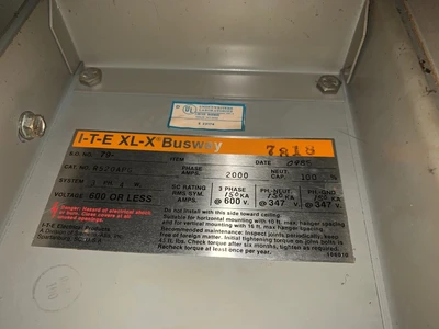 10’ ITE XL-X R520APG Busway 2000 Amp, 600V, Bus Bar, Bus Duct