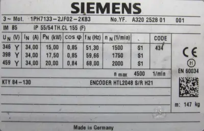 NEW SIEMENS 1PH7133-2JF02-2KB3 INDUCTION MOTOR 15KW 1PH71332JF022KB3