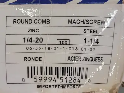 Round Combo Machine Screw, 1/4"-20 x 1-1/4", Zinc Steel (Box of 65)