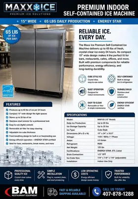 Maxx Ice Premium Indoor Self-Contained Ice Machine, 15”W, 65 lbs, Energy Star, in Stainless SteelMaxx Ice Premium Indoor Self-Contained Ice Machine, 15”W, 65 lbs, Energy Star, in Stainless Steel