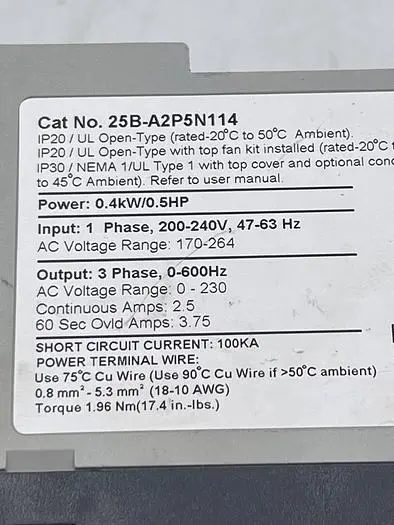 Used ALLEN-BRADLEY ALLEN BRADLEY 25B-A2P5N114 SER A Variable Speed Drives | ND Industrial Surplus #1213522
