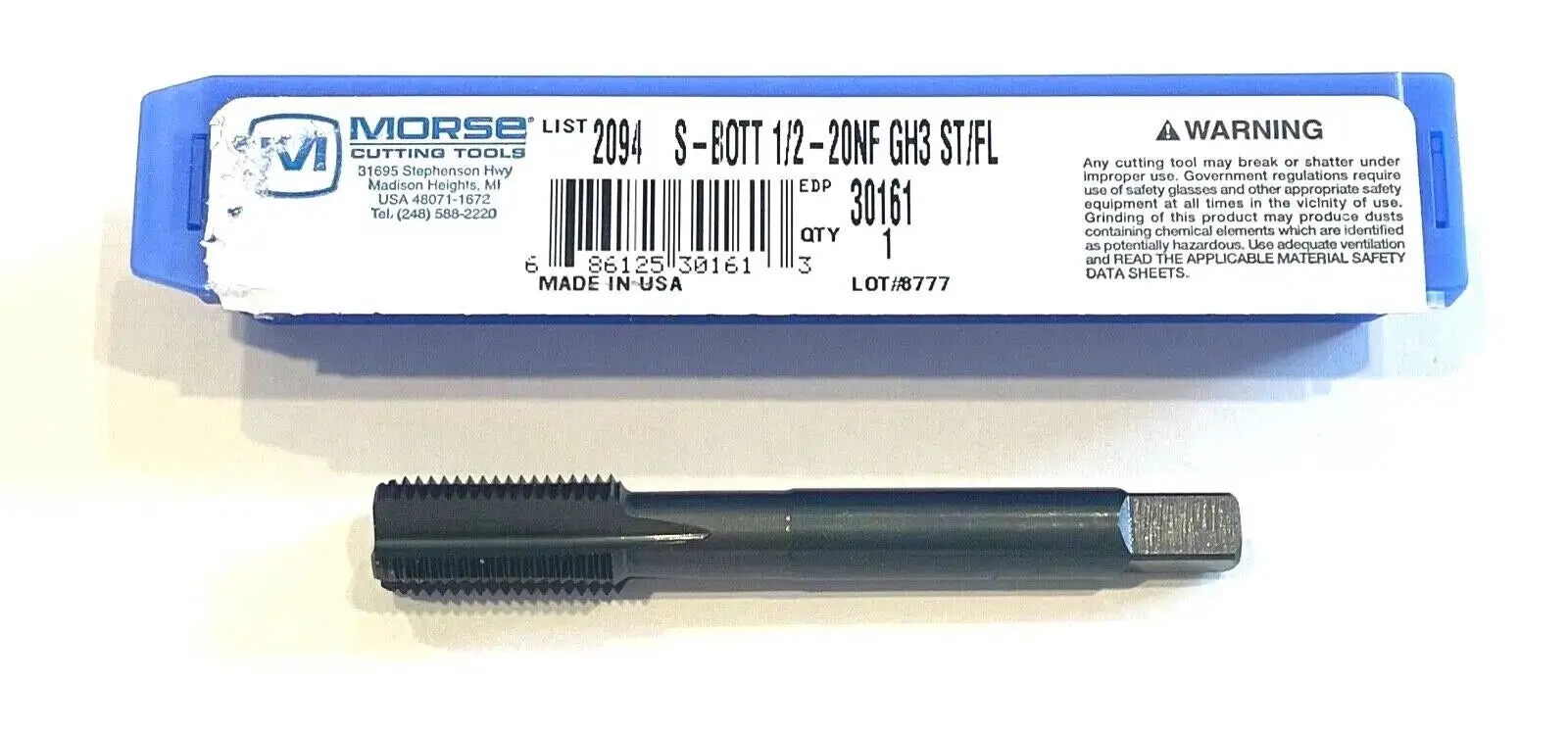 Morse 1/2-20 Tap High Performance Semi Bottoming Straight Flute Tap GH3 4FL USA