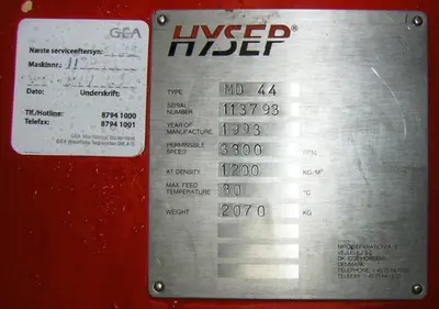 Hysep/Niro MD 44 (16 x 64) decanter centrifuge, Duplex SS.
