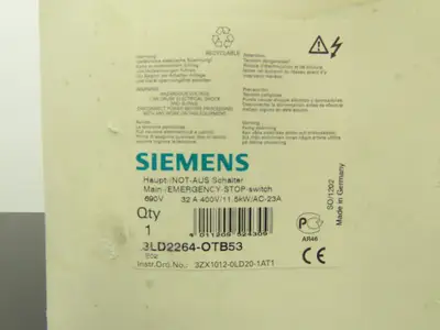 Siemens 3LD2164-OTB53 Disconnector Switch Main Emergency Stop 400VAC 25A 9.5kW