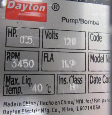 NEW DAYTON 3BB83 EFFLUENT PUMP .5HP 120V