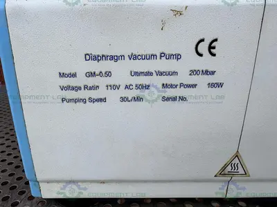 USED CHINA GM-0.50 DIAPHRAGM VACUUM PUMP 200MBAR, 110V, W/ 30L/MIN PUMPING SPEED