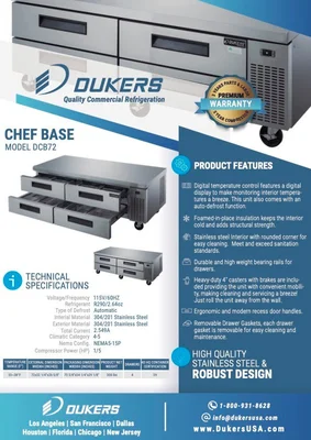 New | in-Stock Dukers New Dukers DCB72-D4 Chef Base Refrigerator with 4 Drawers Chef Bases Illinois US | Falcon Restaurant Supply #1376286