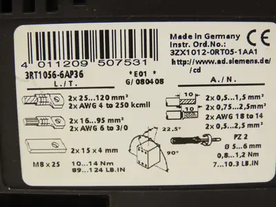 Siemens 3RT1056-6AP36 Motor Starter Contactor 200Hp 575V 195A Coil 240V AC/DC