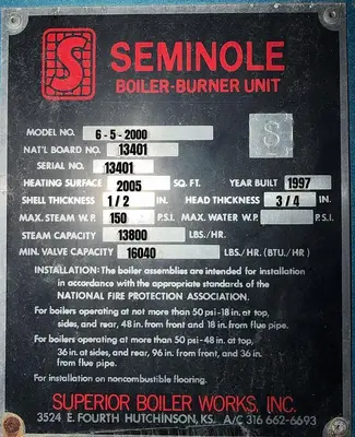 USED 1997 SUPERIOR BOILER 6-5-2000