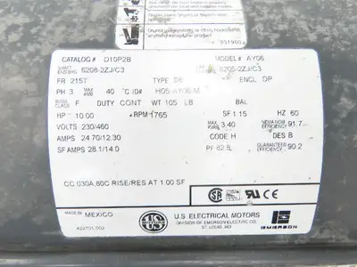US Motors D10P2B AY06 AC Motor 10Hp 1765 RPM 230/460V 3PH 215T ODP Air Over