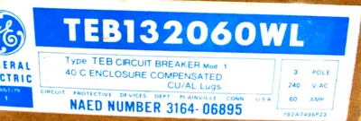 NEW GENERAL ELECTRIC TEB132060WL CIRCUIT BREAKER