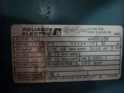 Reliance MaxPak Plus VS Drive 20C658, 230V, 68A, 20HP, Type 1 En
