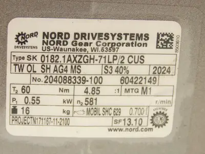 Nord SK 0182.1AXZGH-71LP/2 CUS Gear Motor 4.85 Ratio 581rpm .55kw 230/400V