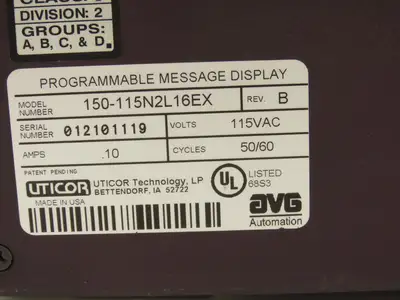 Uticor 150-115N2L16EX HMI Programmable Message Display Panel 115VAC Rev B
