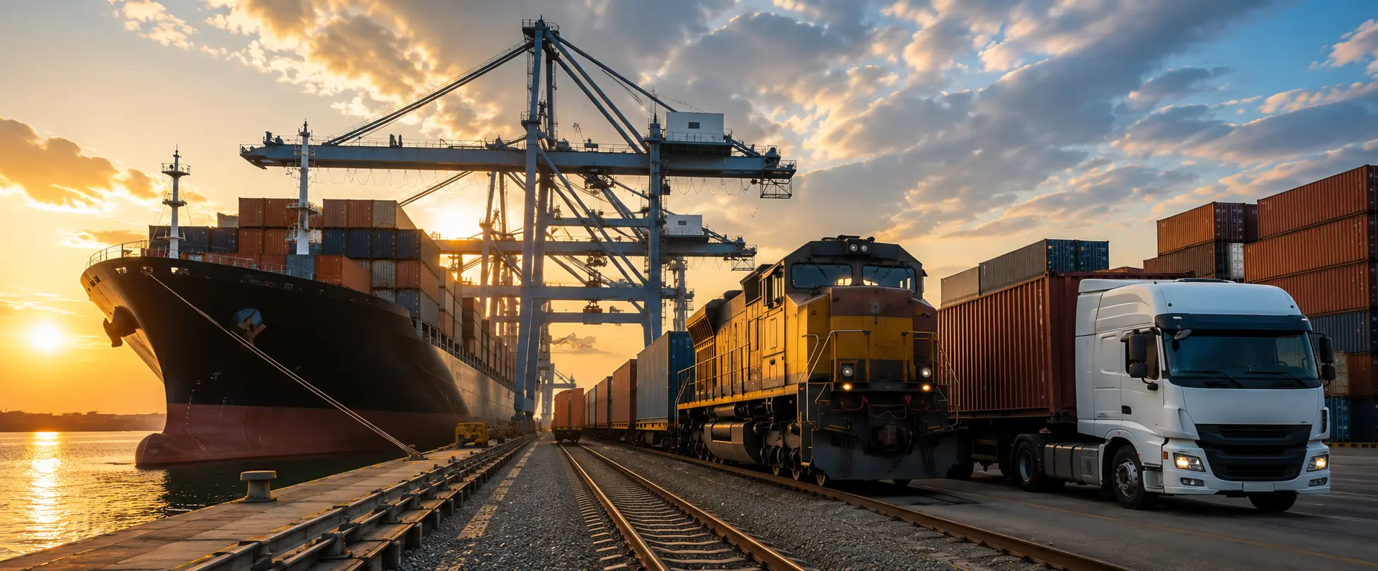 Container ship, rail, and truck cargo at port during loading