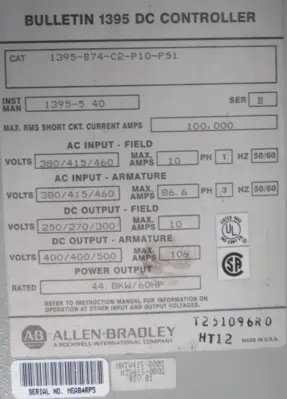 USED ALLEN BRADLEY 1395-B74-C2-P10-P51 DRIVE 60HP SER.B 1395B74C2P10P51