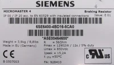 NEW SIEMENS 6SE6400-4BD16-5CA0 BRAKING RESISTOR 6SE64004BD165CA0