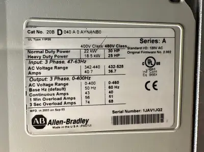 USED Allen-Bradley 20BD040A0AYNANB0