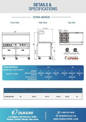 New | in-Stock Dukers New Dukers DCR60-4B36GM 60" Gas Range with Four (4) Open Burners & 36" Flat Top Griddle Commercial Ranges Illinois US | Falcon Restaurant Supply #1376264