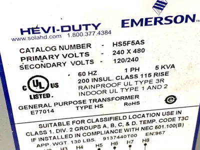 HS5F5AS | Emerson Sola Hevi-Duty  Automation Transformer 5KVA 240X480-120/240 1PH - Used