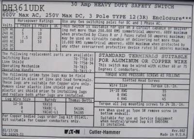 NEW EATON DH361UDK HEAVY DUTY SAFETY SWITCH 30A