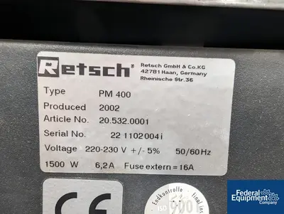 USED Retsch Retsch Ball Mill, Model PM400