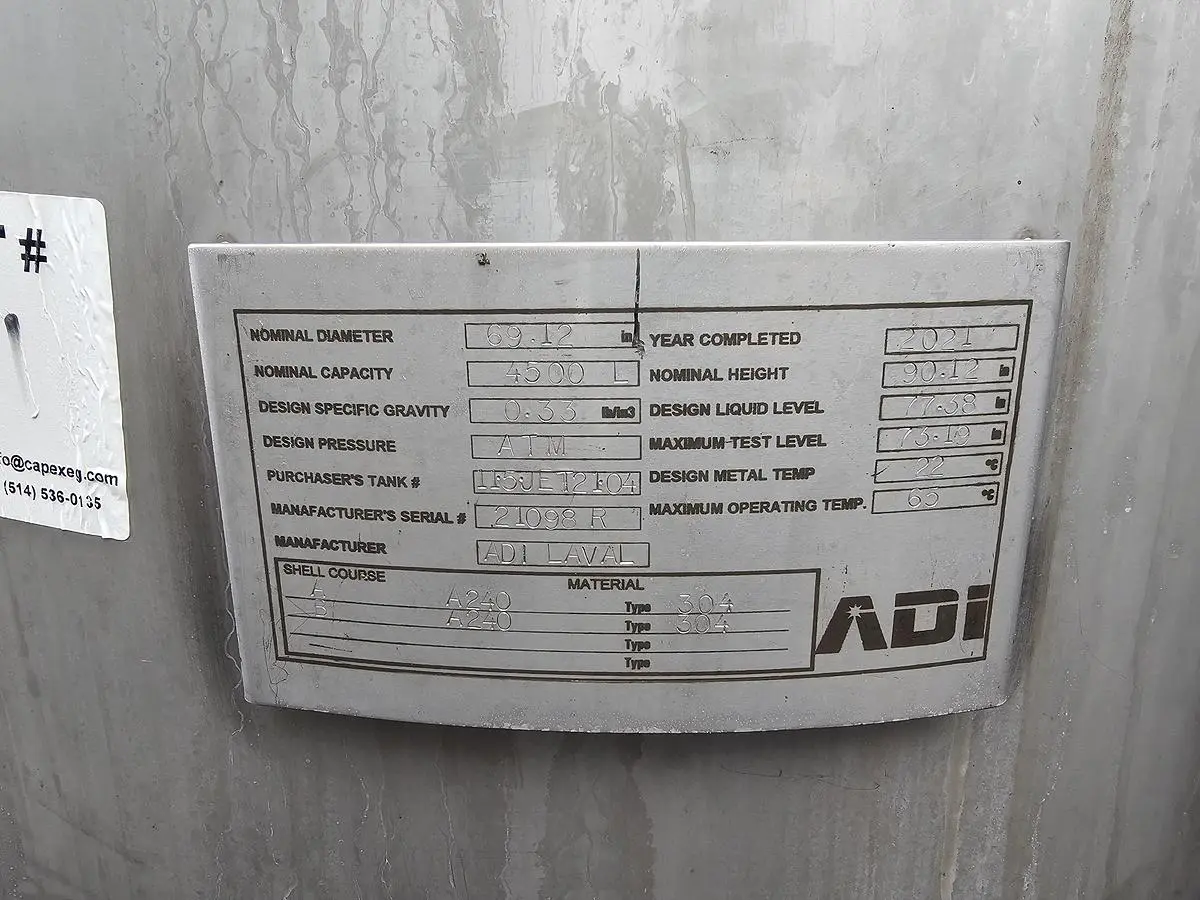 Used ADI Laval 1100 Gallon Tank, 304 Stainless Steel