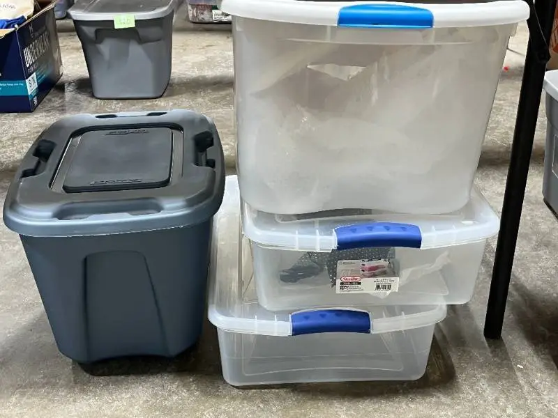 Set of 3 Clear Sterilite Storage Totes and 1 Blue Rubbermaid Tote