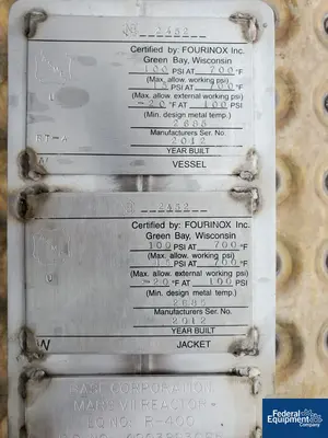 USED FourInox, Inc. 1,500 Gal Fourinox Reactor, 316 S/S, 100/100#