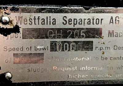 Westfalia SAOH 205 pilot plant separator, 316SS.