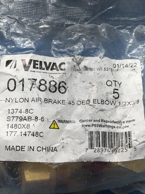 (5) NEW Velvac 017886 Air Brake Fittings 1/2" X 3/8" Fast 🇺🇸 Shipping