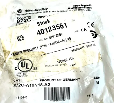 ALLEN BRADLEY 872C-A10N18-A2 PROXIMITY SENSOR SER. B 872CA10N18A2 NEW, SURPLUS