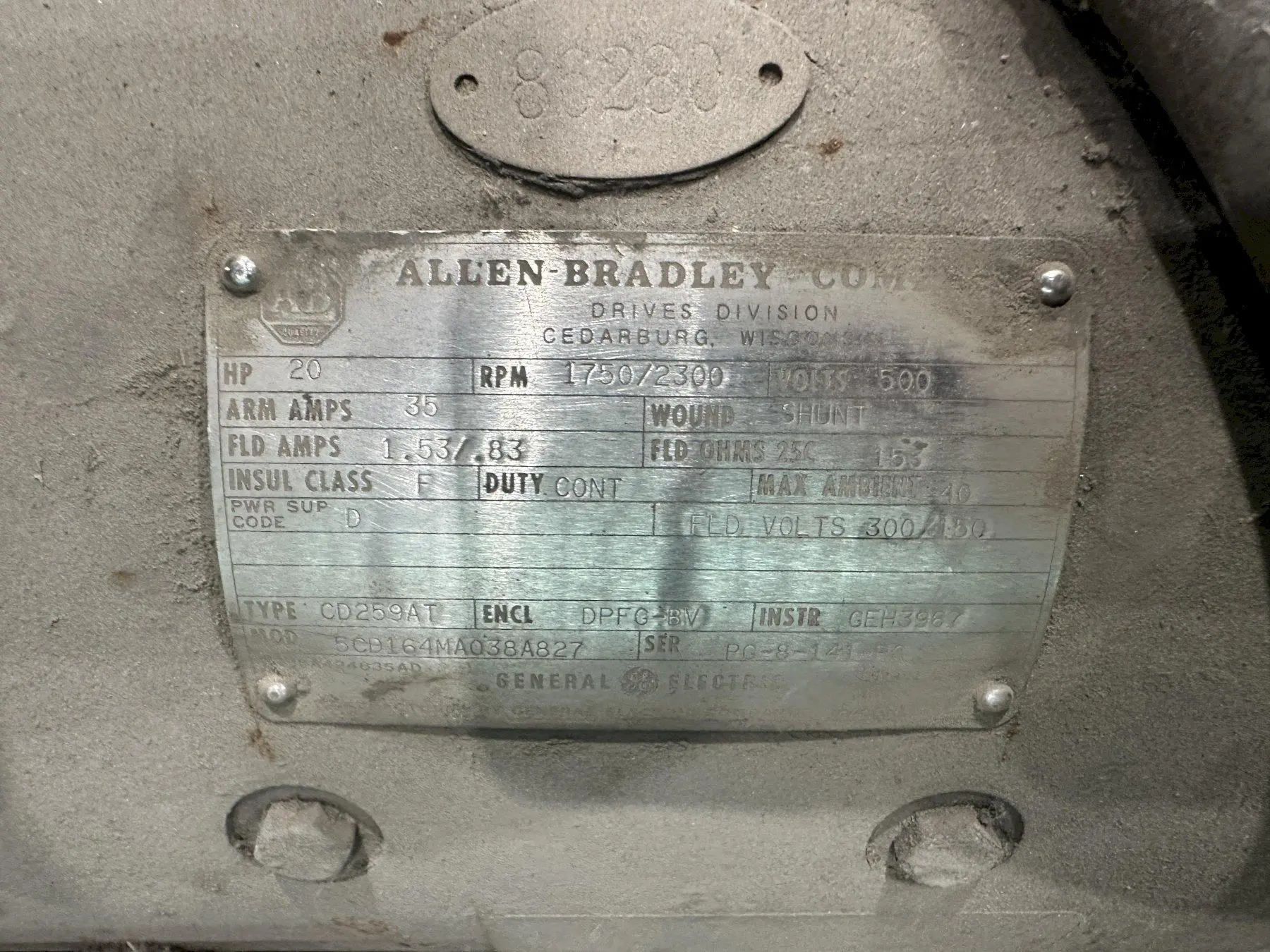 20 HP X 500V ALLEN BRADLEY TYPE CD259AT MOTOR: STOCK #23178