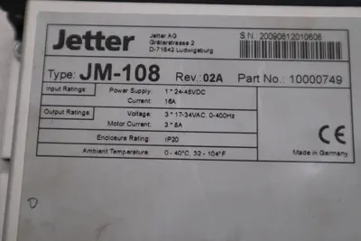JETTER JM-108 REV 02A PART NO 10000749 Servo Drive STOCK H985A