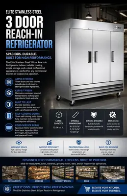Elite Stainless Steel Solid Three Door Reach-In Refrigerator