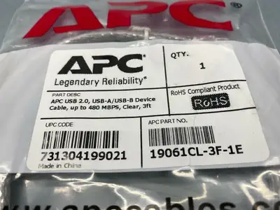 NEW APC CABLE USB 2.0, USB-A / USB-B, 480 MBPS, CLEAR, 3'