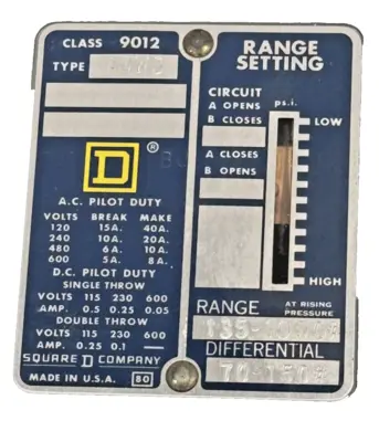 USED SQUARE D 9012-ADW5 PRESSURE SWITCH 135-1000 70 150 9012ADW5