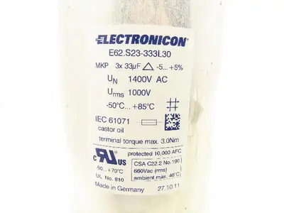 Electronicon E62.S23-333L30 MKP 3x 33uF 1400V AC 3PH Capacitor 5.37"x 9"L