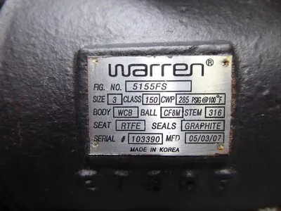 3" Warren 5155FS Ball Valve with Handle 285 PSIG at 100°F Class 150 New