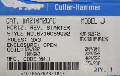 NEW CUTLER HAMMER A210M2CAC STARTER SIZE 2 MODEL J
