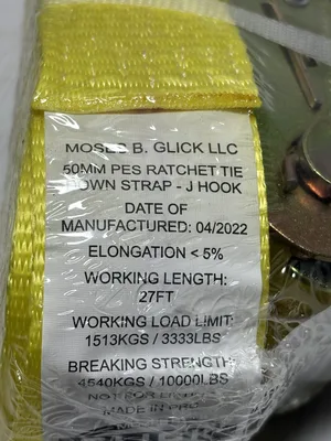 Ratchet Strap Tie Down J Hook 2” x 27’ long 10000 lb breaking strength